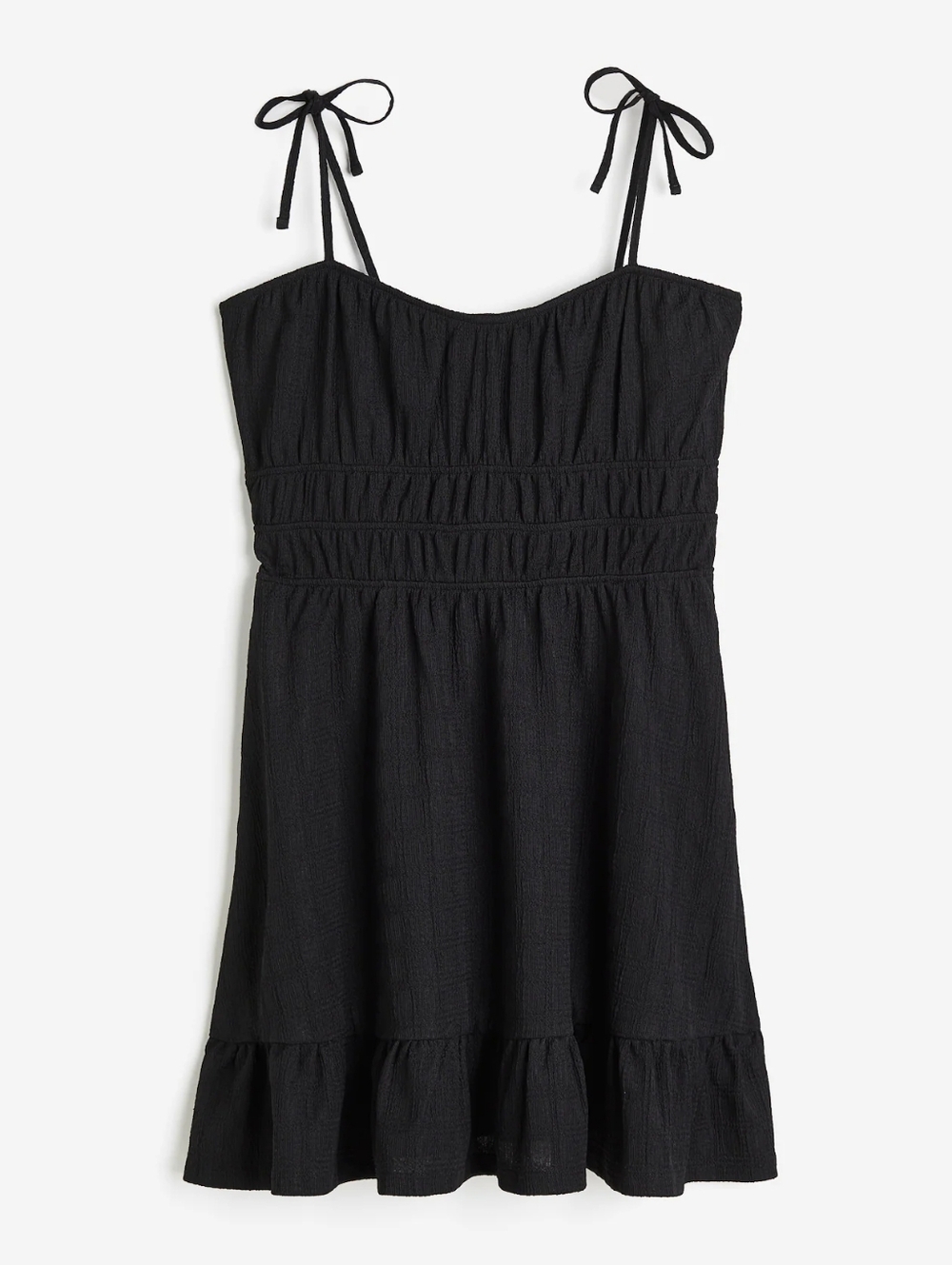 CLEARANCE H&M NWT Black Tie-Shoulder Smocked Waist Textured Dress,  Size Medium
